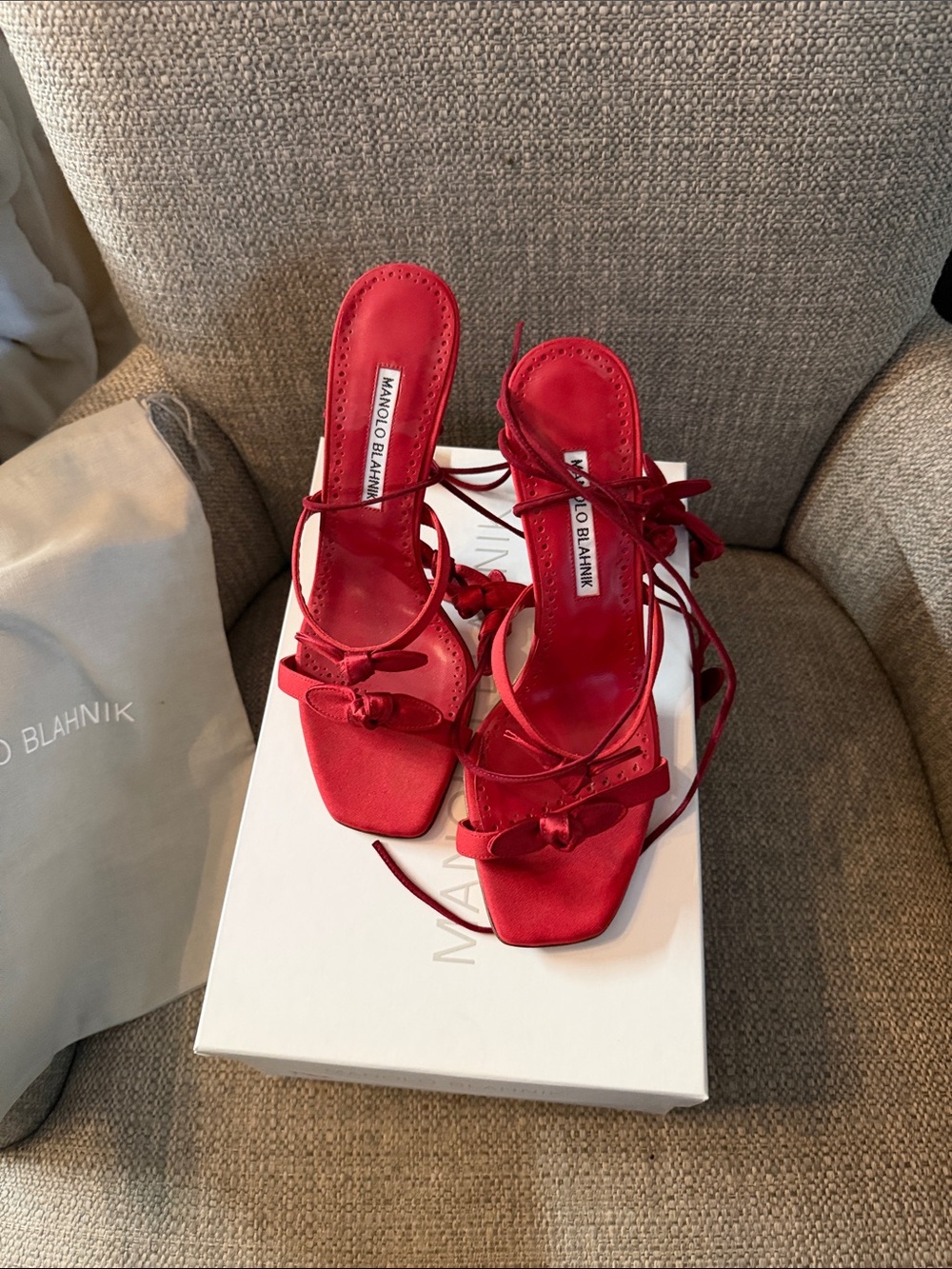 Manolo Blahnik Red Satin Strappy Heels